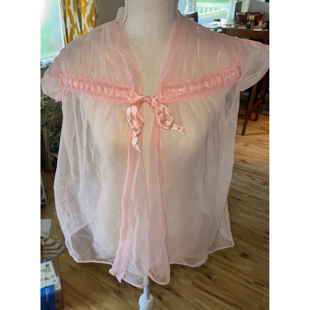 Vintage Sheer Pink Babydoll Nightgown Robe Ribbon Tie Open Front Mesh Coqette